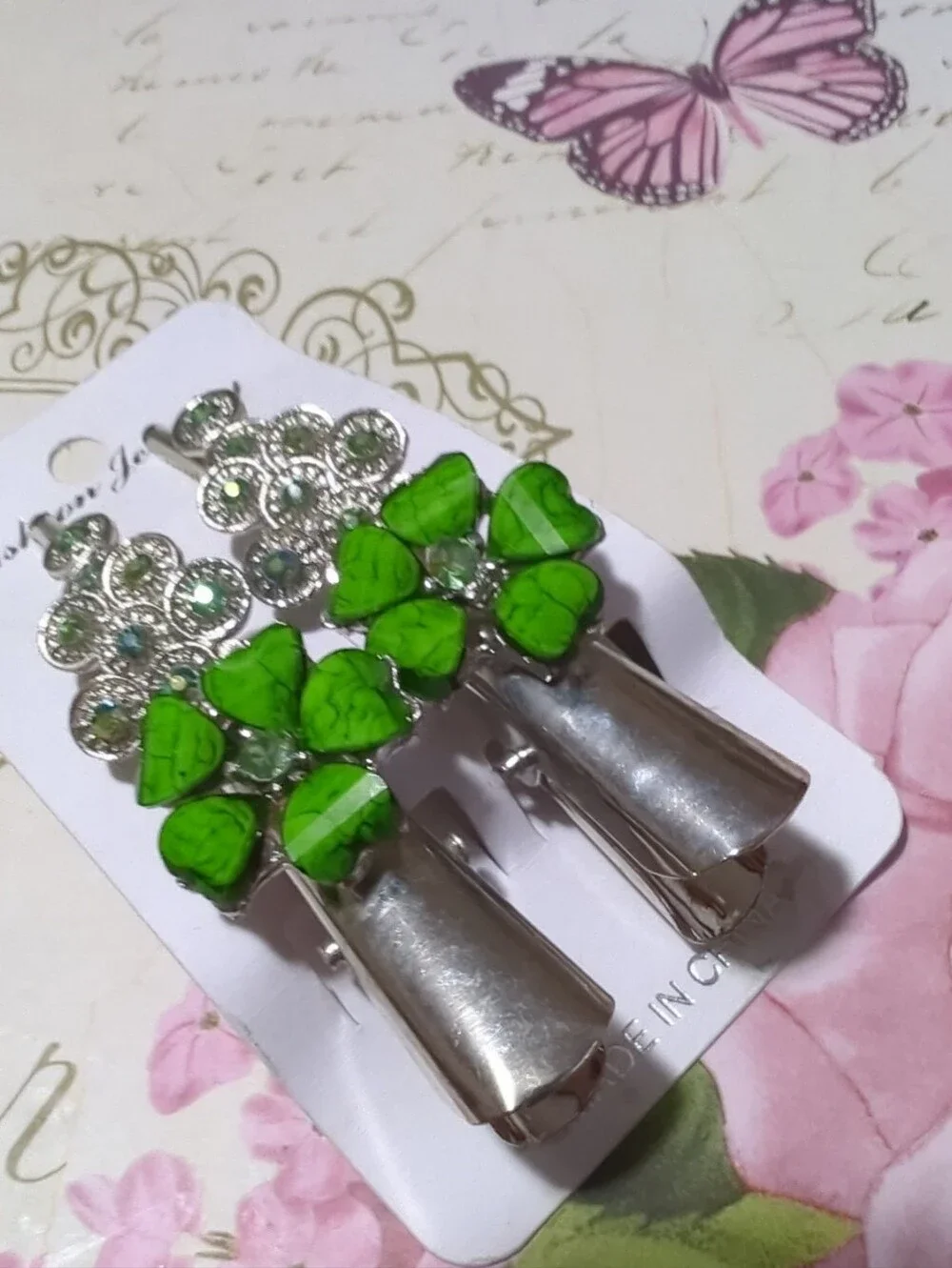 Pair of New / Old Stock Silver Tone Green Jeweled Pelican Style Hair Clips